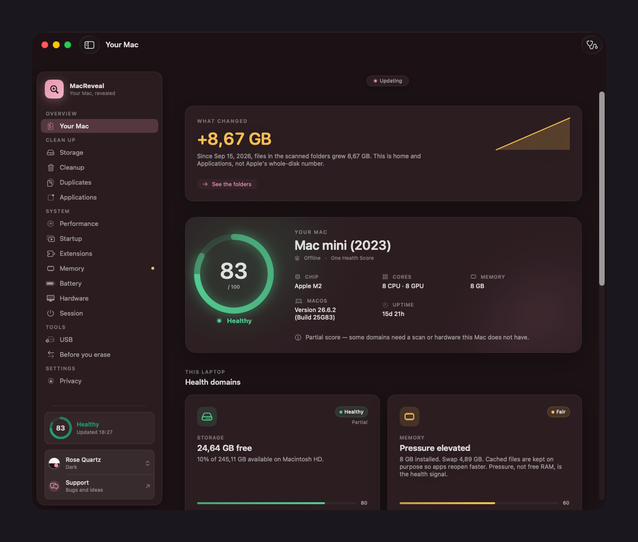 MacReveal Your Mac dashboard with Health Score 83, floating sidebar, and Rose Quartz theme